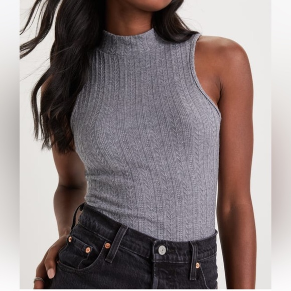 Lulus Seasonal Charisma Heather Grey Pointelle Mock Neck Bodysuit - Picture 2 of 3